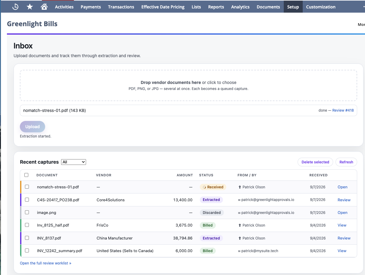 Greenlight Bills capture Inbox inside NetSuite, with a drop zone and recent captures