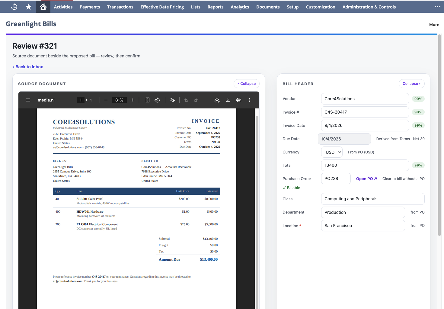 Greenlight Bills review split-view inside NetSuite