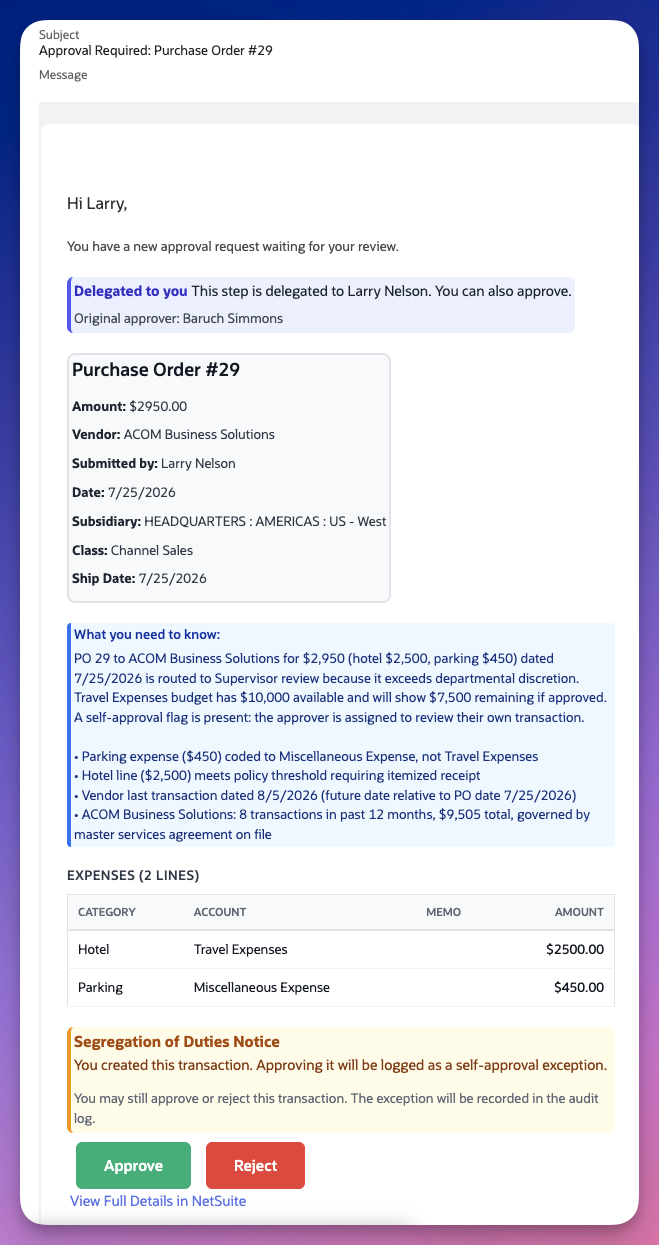 Greenlight approval email showing the transaction detail, delegation notice, and Approve and Reject buttons at the bottom