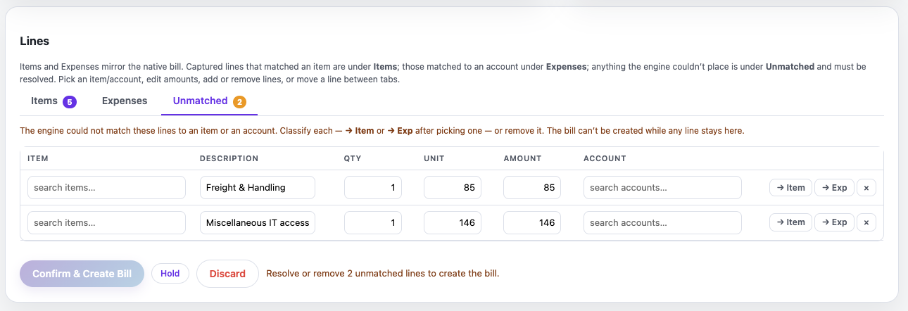 Greenlight Bills Unmatched tab: two lines the engine could not place, with Confirm & Create Bill disabled until a human resolves them