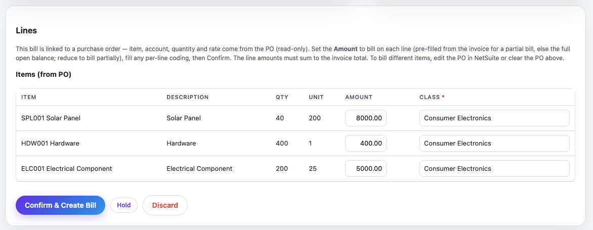 Greenlight Bills Lines panel: PO-linked line items with per-line amounts, read-only from the purchase order